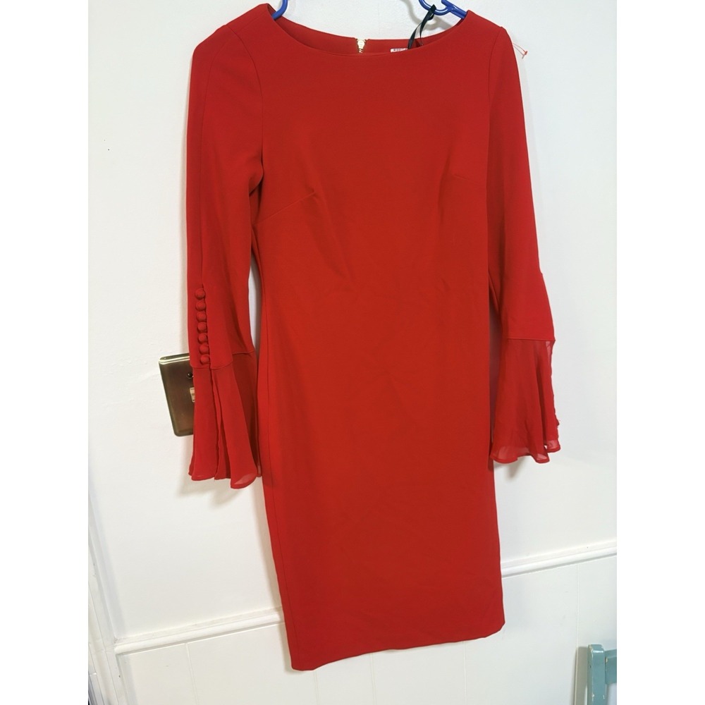 NEW Calvin Klein Sheath Dress Size 4 Red Bell Sleeve Zipper Back Casual Career